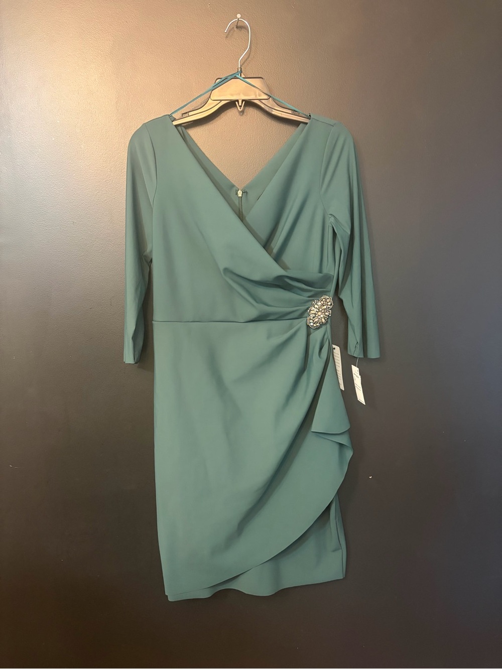 Alex Evenings Teal Wrap-Style Midi Dress with Jewel Brooch